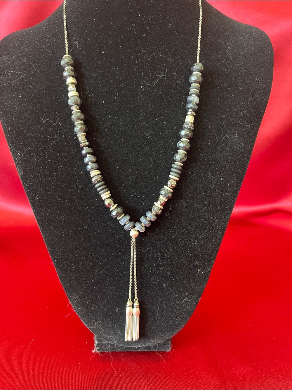 Stella And Dot Long Silver Toned Beaded Lariat Tassel Necklace